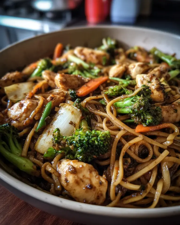 Asiapfanne mit Nudeln Huhn und Brokkoli