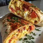 Einfacher Frühstückswrap mit Ei, Käse und Tomaten