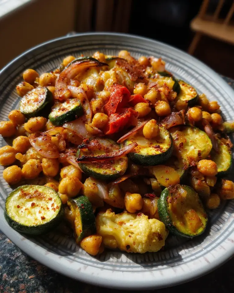 Orientalisches Ofengemüse mit Kichererbsen und Hummus