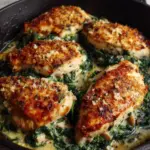 Überbackenes Hähnchen mit Rahmspinat uund pilzen