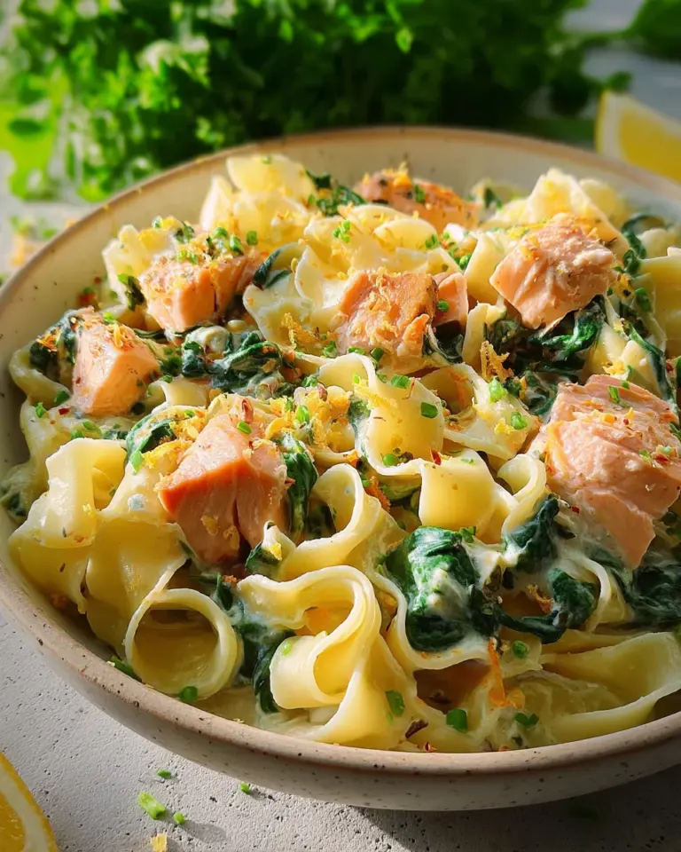 Bandnudeln mit Lachs und Spinat in cremiger Sauce