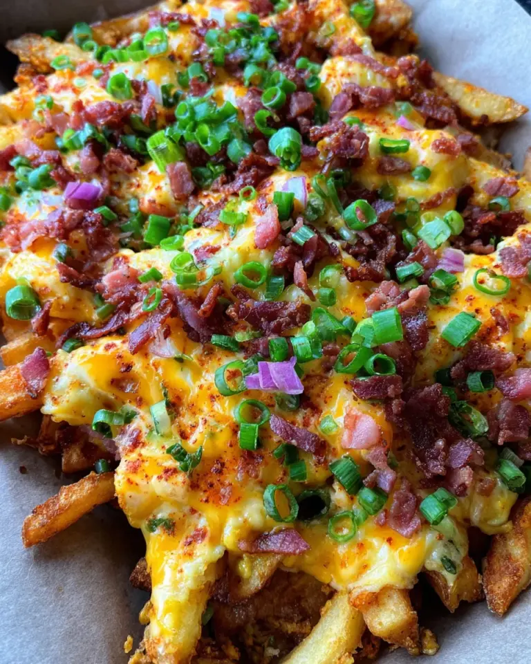 Chili Cheese Fries (Pommes mit Käse und turkey bacon überbacken)