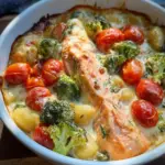 Cremiger Gnocchi Auflauf mit Lachs, Brokkoli und Tomaten