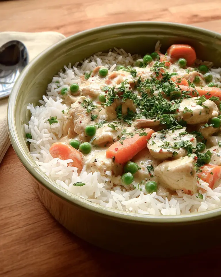 Cremiges Hühnerfrikassee auf Basmatireis