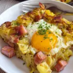 Leberkäse-Kartoffelauflauf mit Spiegelei