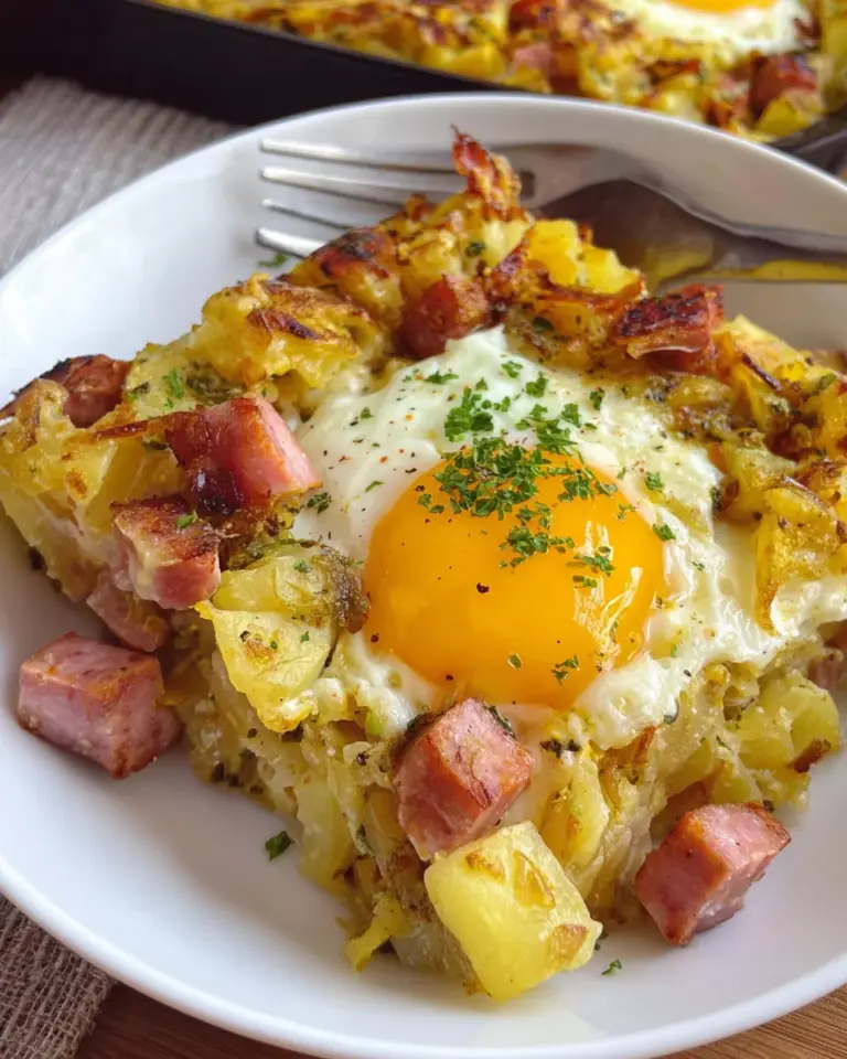Leberkäse-Kartoffelauflauf mit Spiegelei