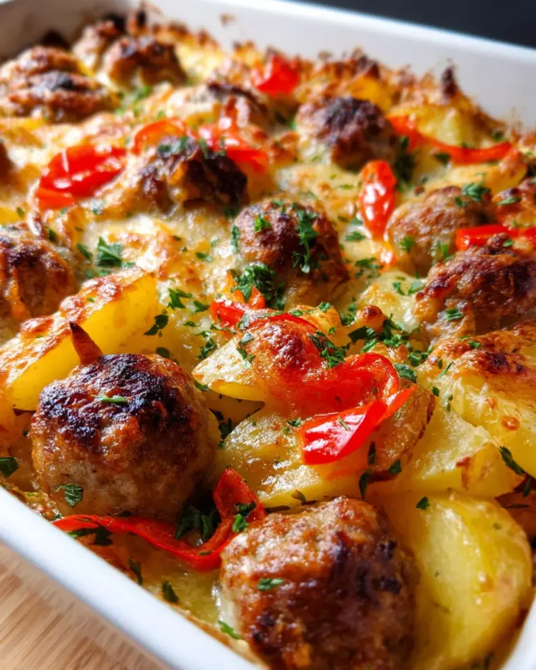 Leckerer Kartoffelauflauf mit chicken bratwurst