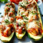 Low Carb Gefüllte Zucchini mit Hähnchen, Tomatensauce und Parmesan