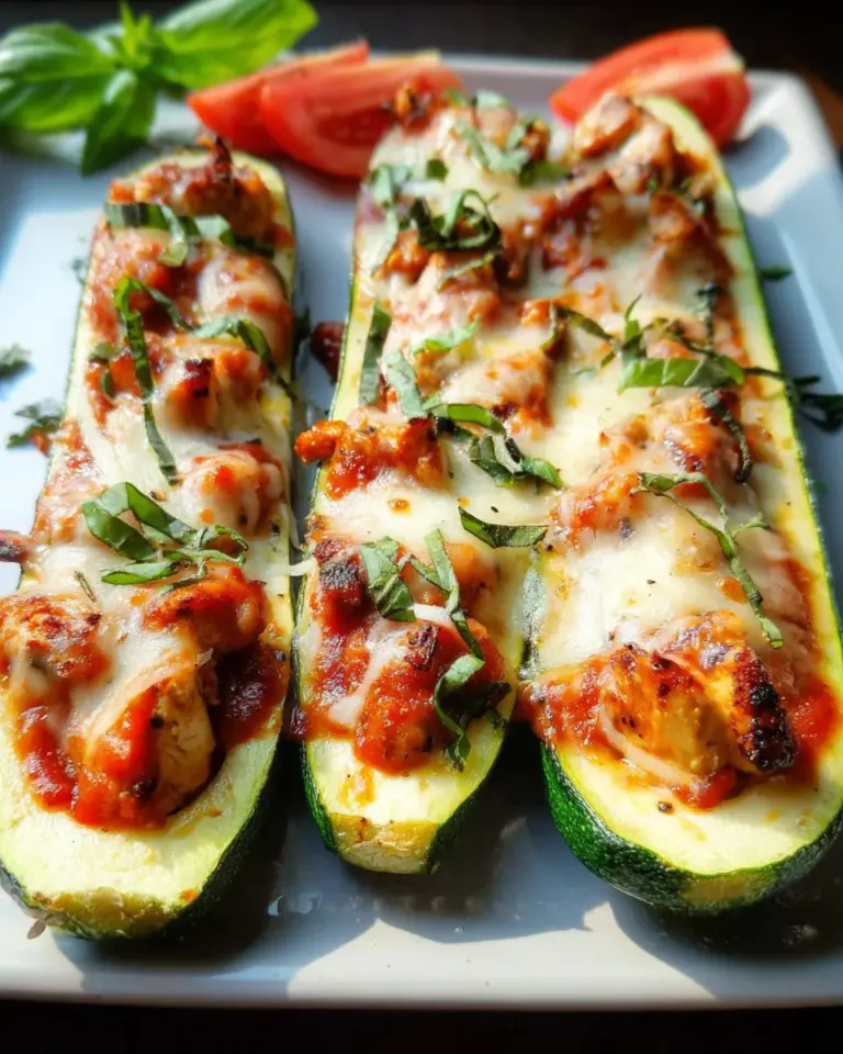 Low Carb Gefüllte Zucchini mit Hähnchen, Tomatensauce und Parmesan