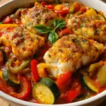 Mediterraner Fischauflauf mit Kabeljau, Paprika & Zucchini