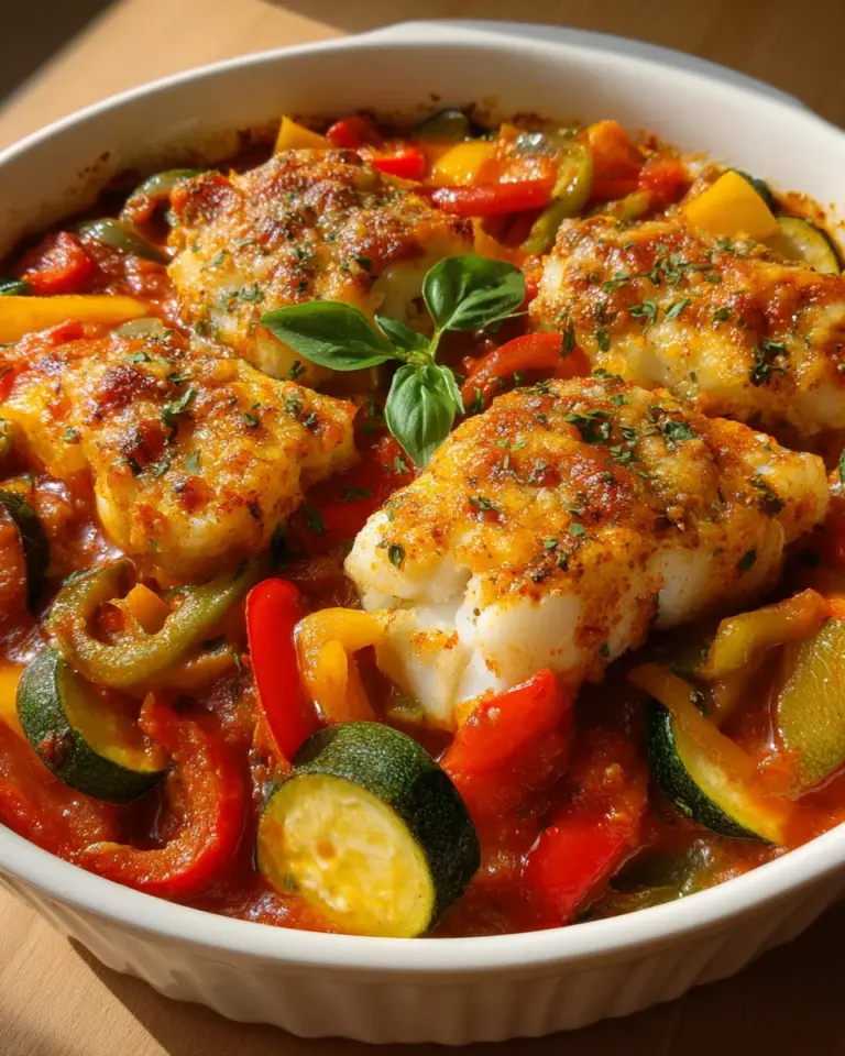 Mediterraner Fischauflauf mit Kabeljau, Paprika & Zucchini
