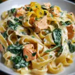 Nudeln in Lachs Sahne Soße mit Spinat