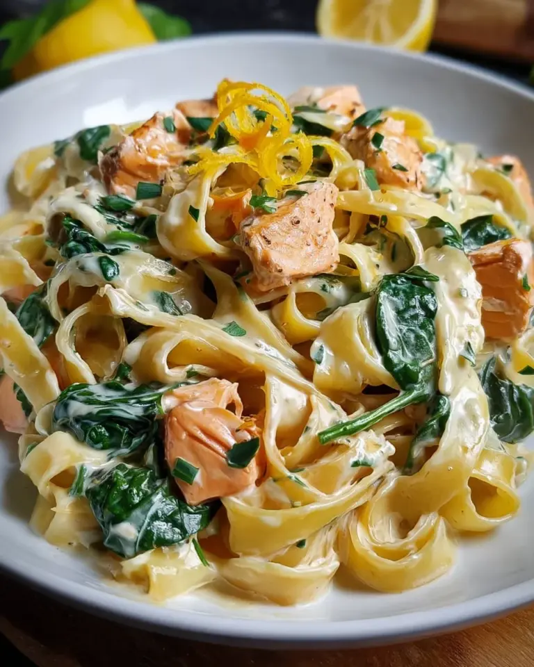 Nudeln in Lachs Sahne Soße mit Spinat