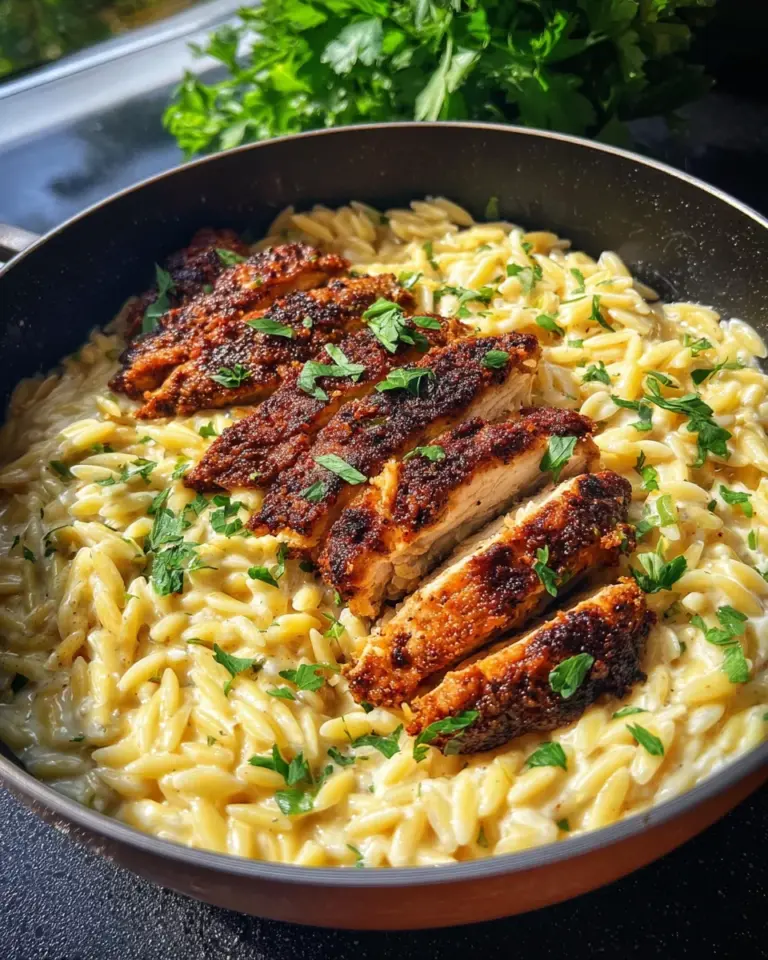 Orzo One Pot Pasta Alfredo mit gebratenem Hähnchen