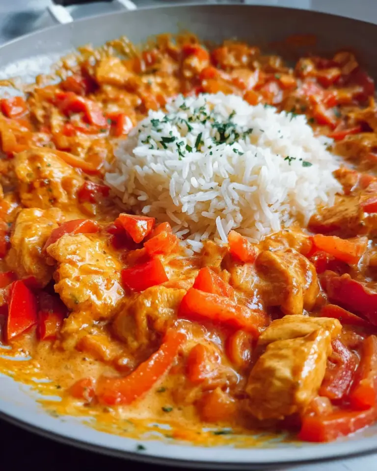 Paprika-Hähnchen-Pfanne mit Reis - cremig & lecker