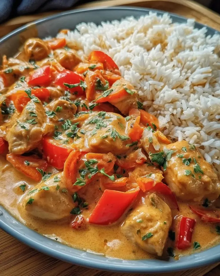 Paprika Sahne Hähnchen mit Reis