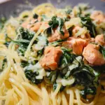 Pasta mit Lachs und Spinat in Sahnesoße.