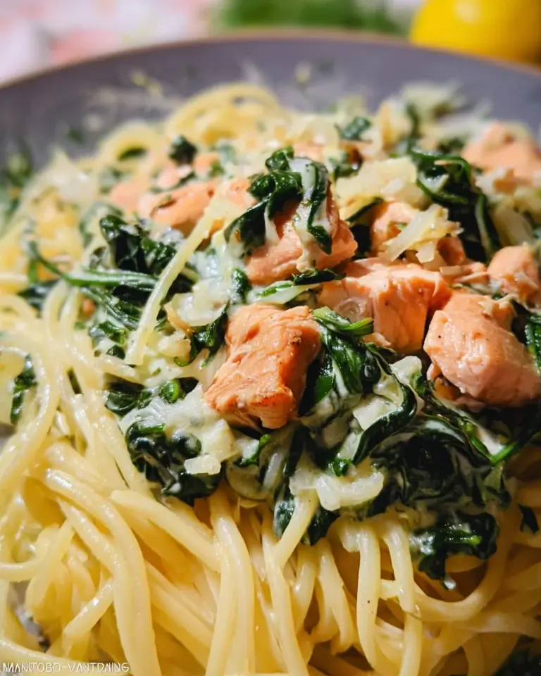 Pasta mit Lachs und Spinat in Sahnesoße.