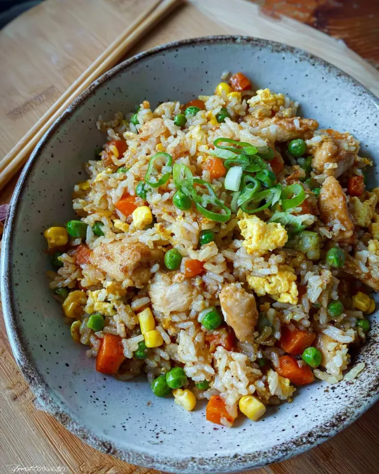 Reis im Airfryer – gebratener Reis mit Hähnchen