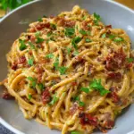 Spaghetti mit karamellisierten Zwiebeln, Speck und getrockneten Tomaten