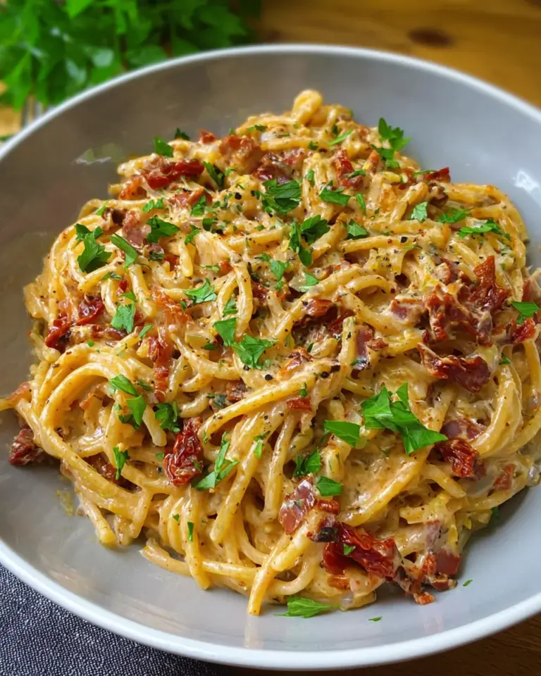 Spaghetti mit karamellisierten Zwiebeln, Speck und getrockneten Tomaten