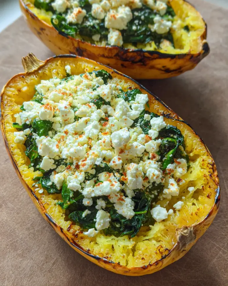 Spaghettikürbis mit Spinat und Feta