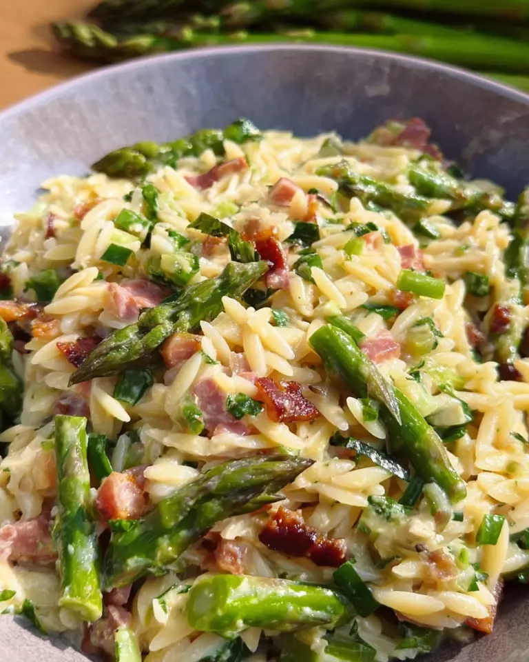Spargel Orzo Pasta mit Schinken