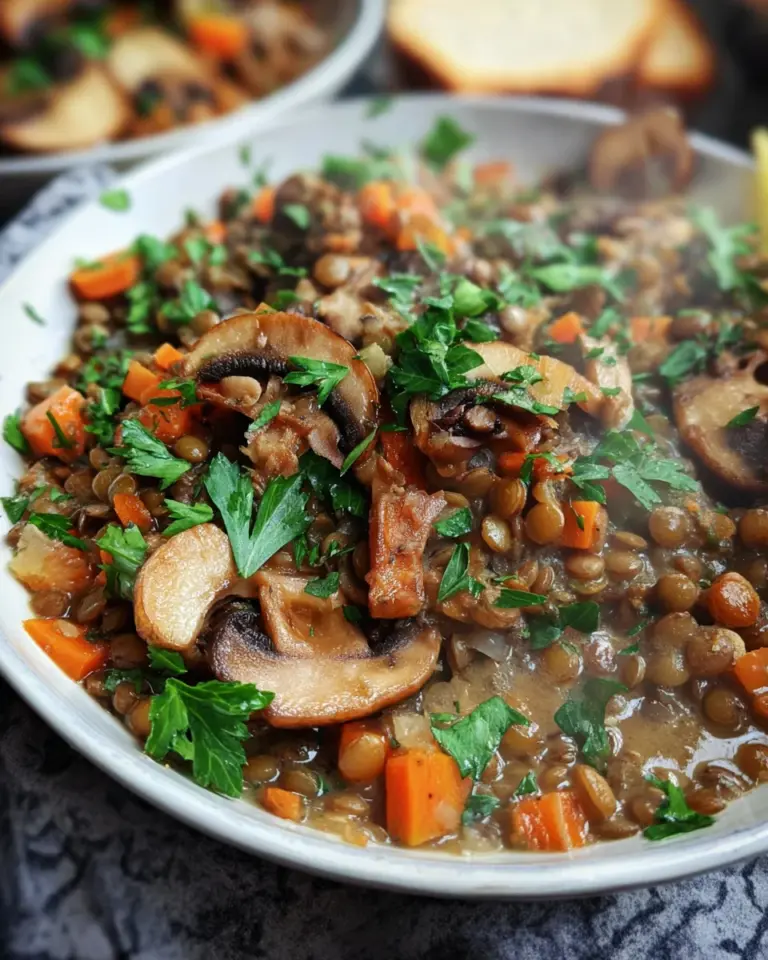 Veganer Linseneintopf mit Champignons und Möhren
